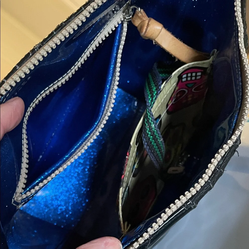 Consuela Black Patent Leather Bag with Tan and Green Accents - Picture 3 of 7